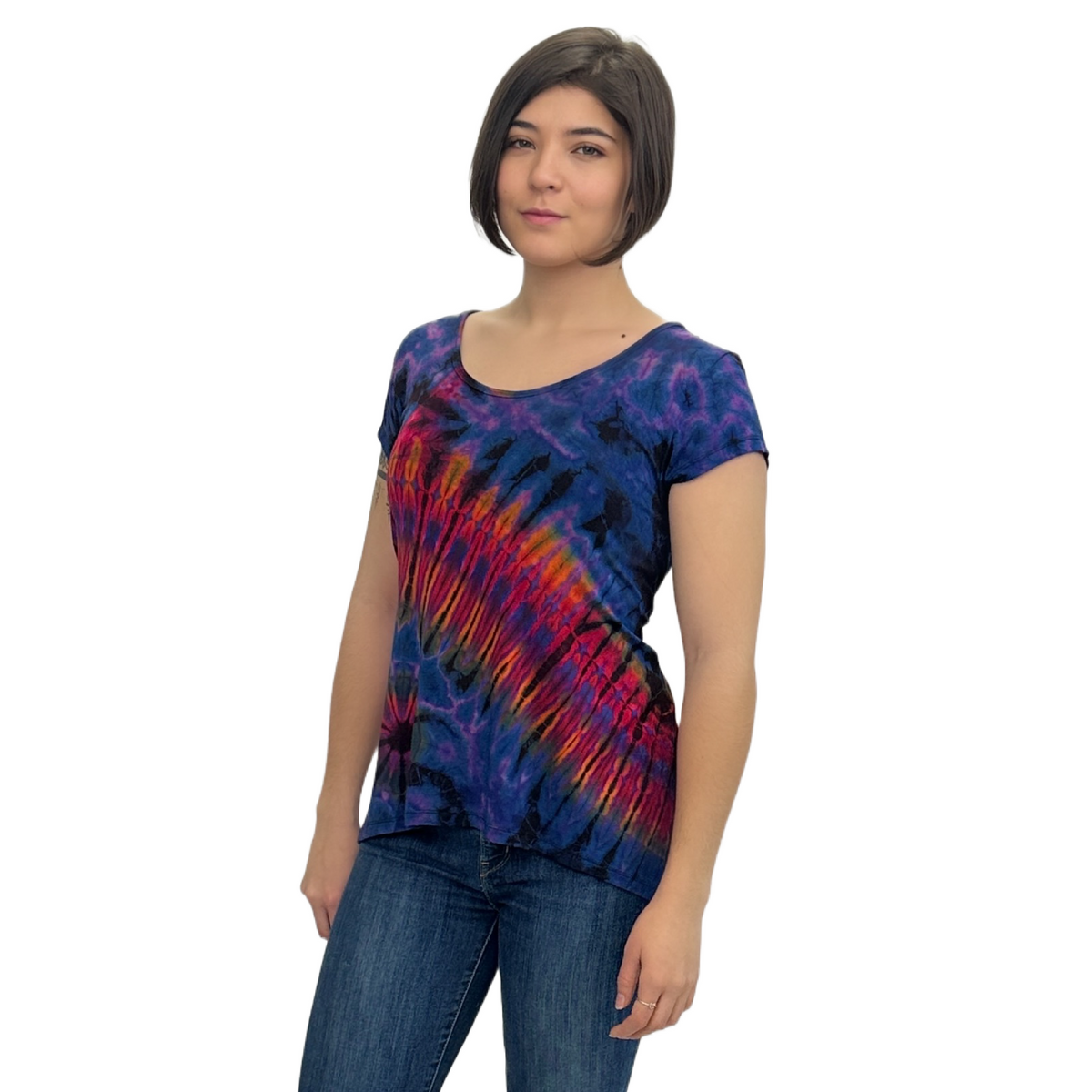 Full Tie-Dye Cap Sleeve Button Back Rayon Top