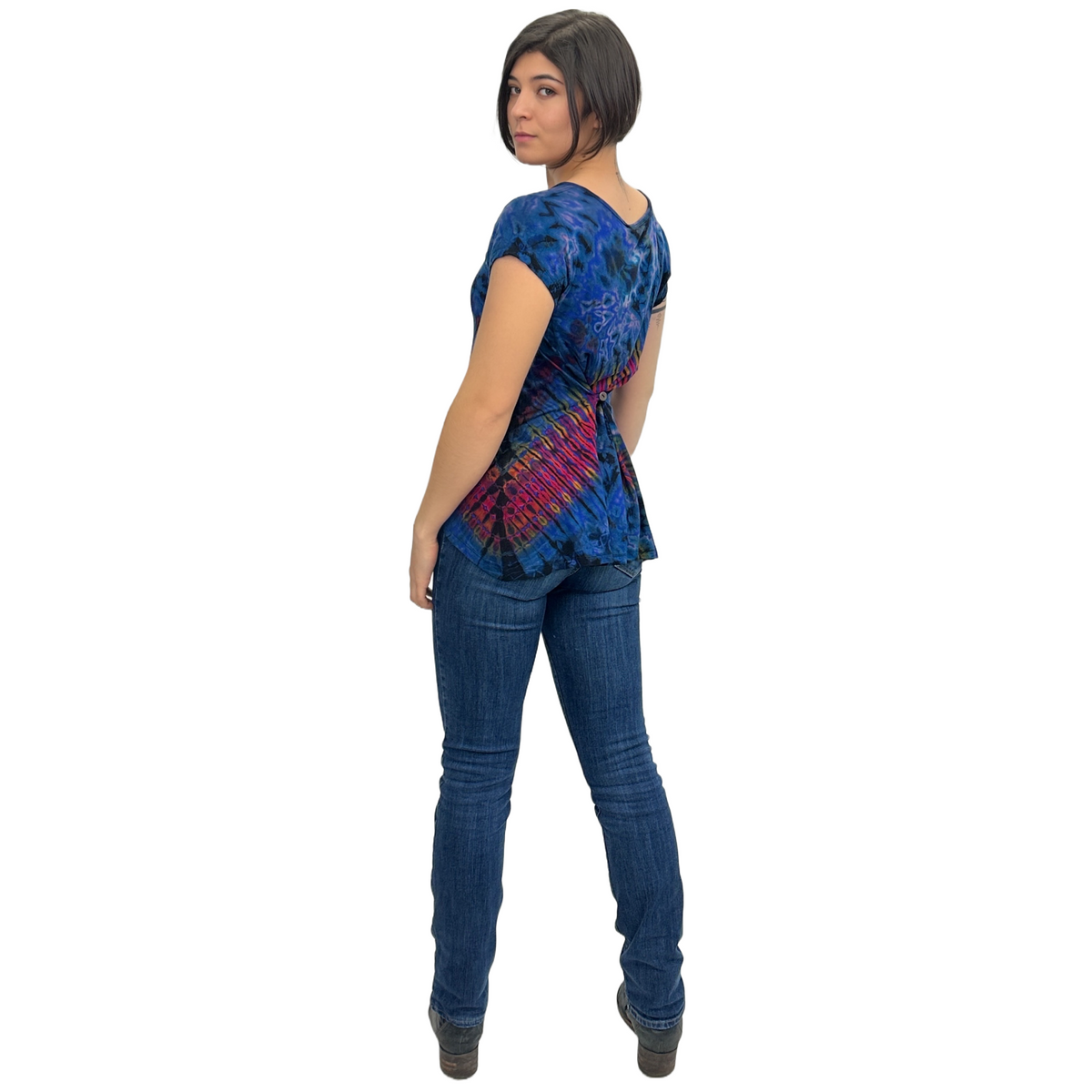 Full Tie-Dye Cap Sleeve Button Back Rayon Top