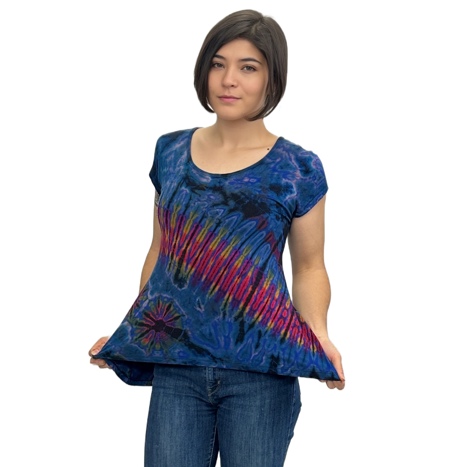 Full Tie-Dye Cap Sleeve Button Back Rayon Top