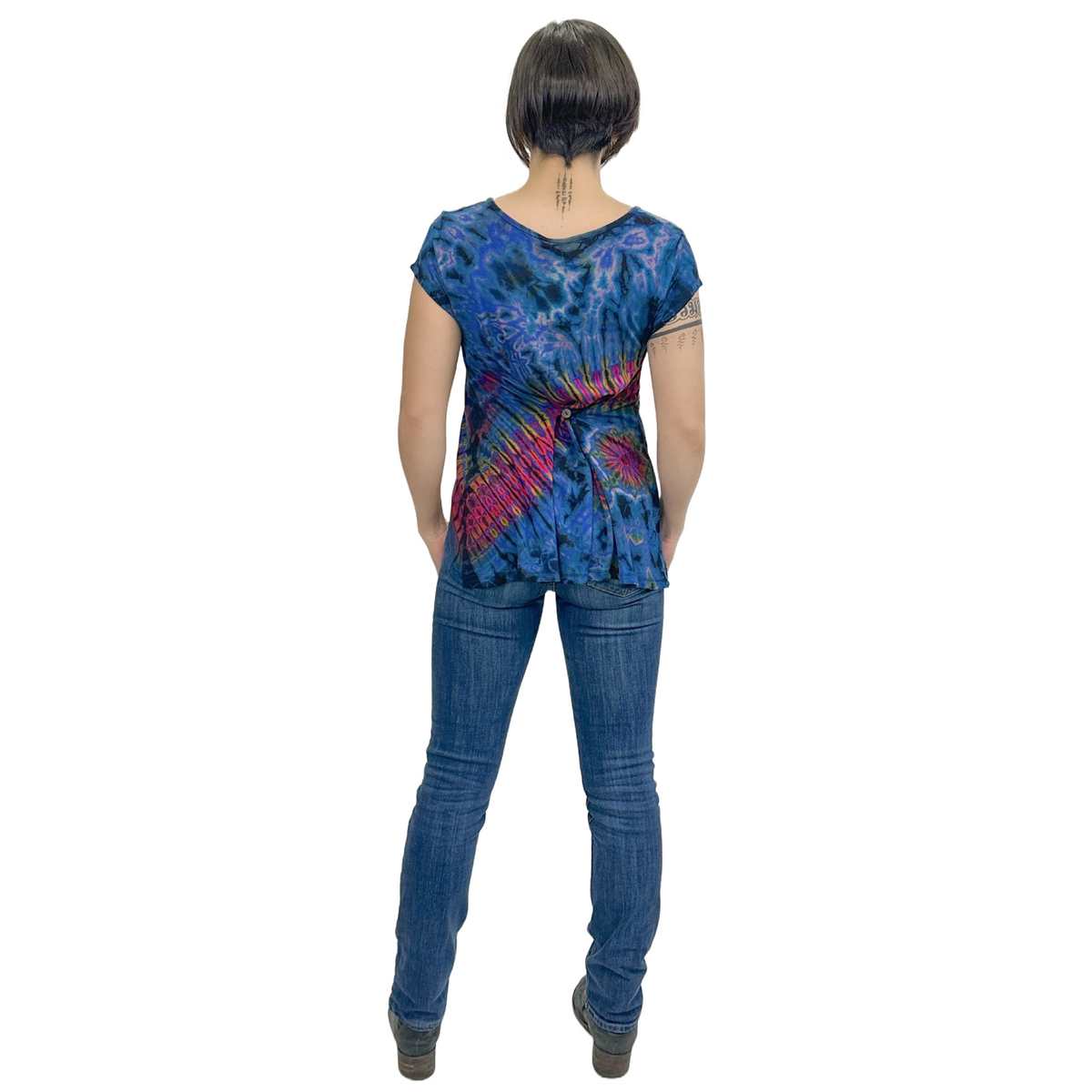 Full Tie-Dye Cap Sleeve Button Back Rayon Top