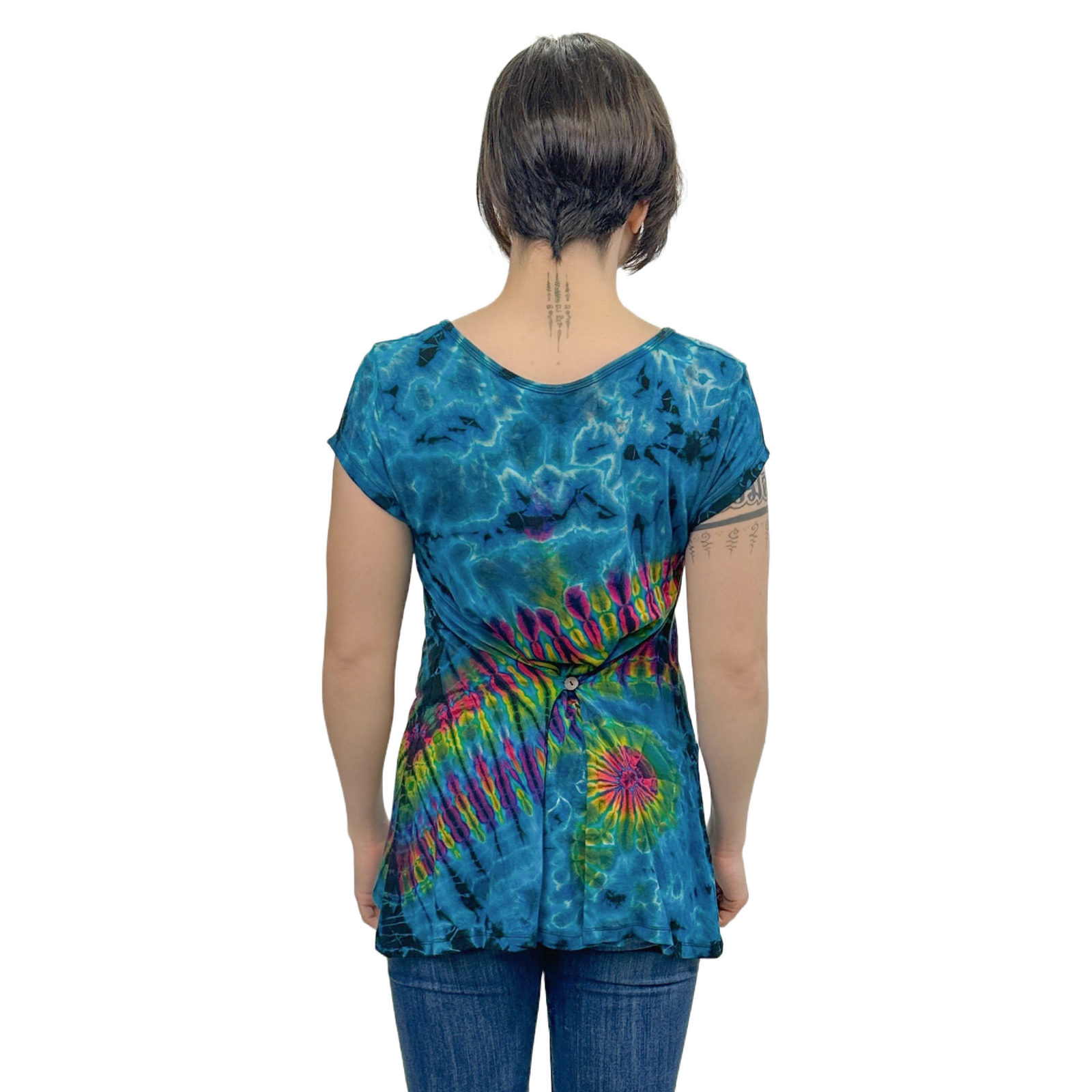 Full Tie-Dye Cap Sleeve Button Back Rayon Top