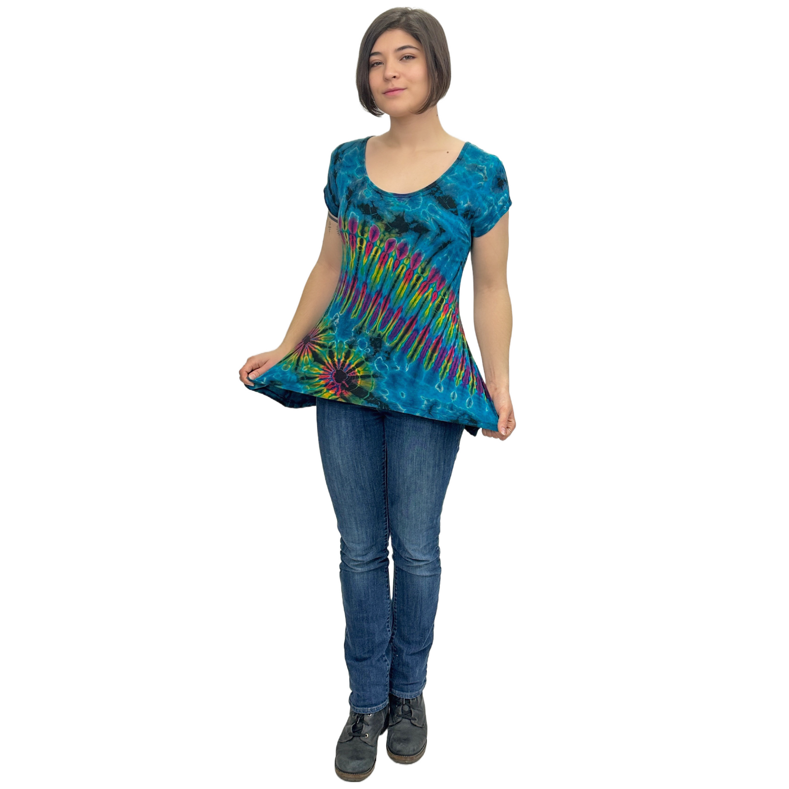Full Tie-Dye Cap Sleeve Button Back Rayon Top