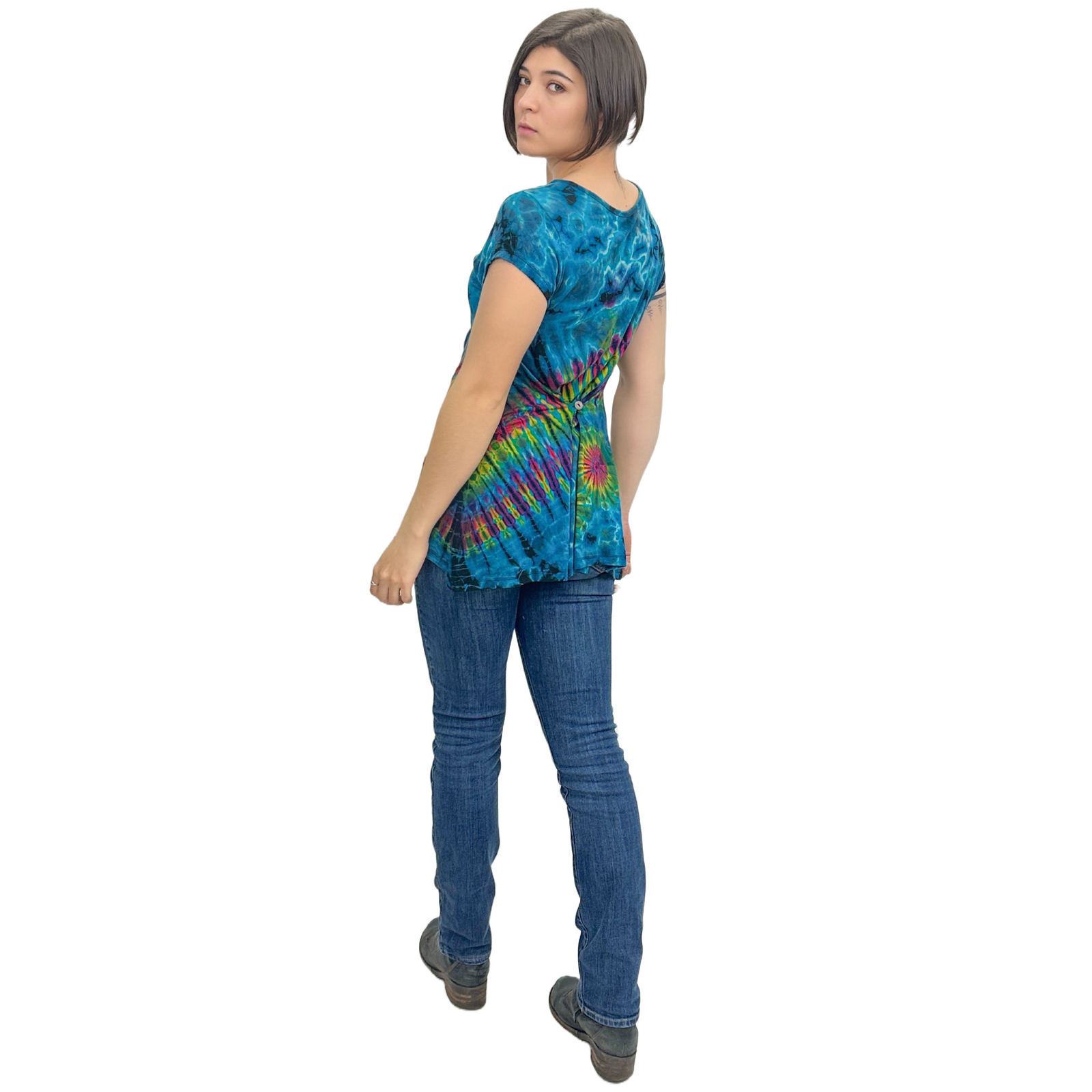 Full Tie-Dye Cap Sleeve Button Back Rayon Top