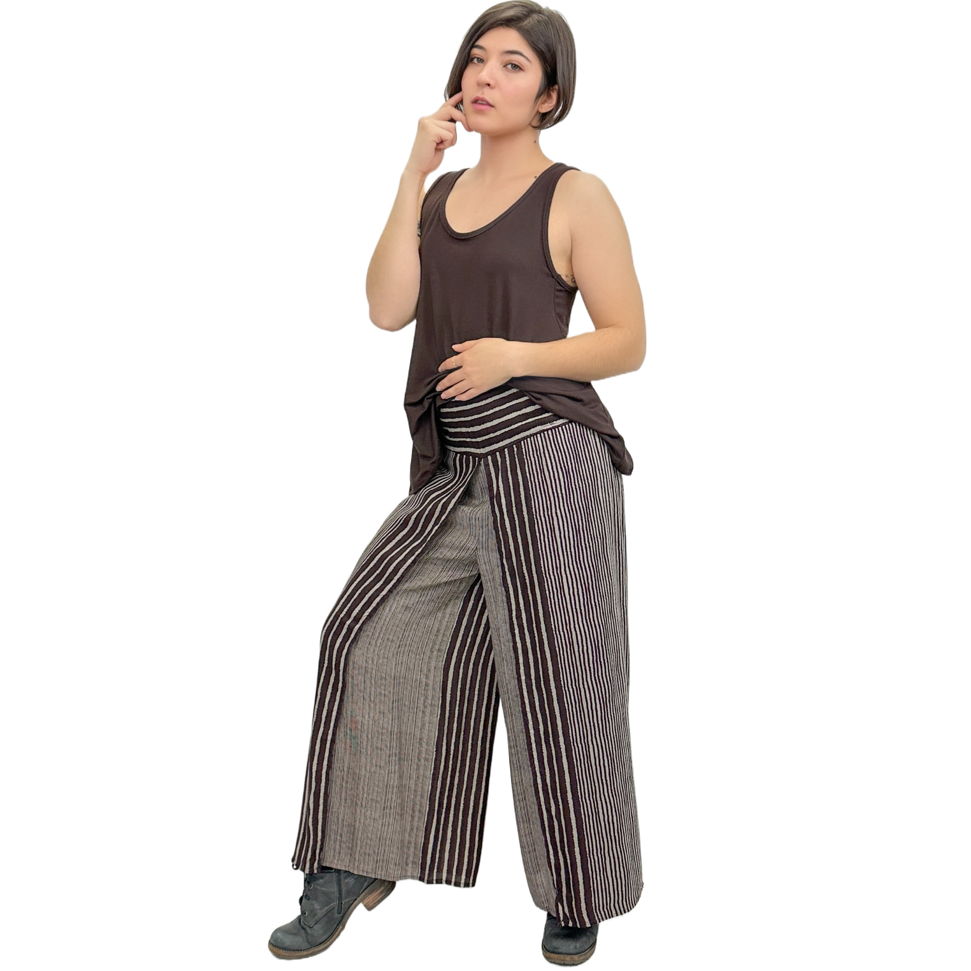 Wide-Leg Wrap Style Striped Pants