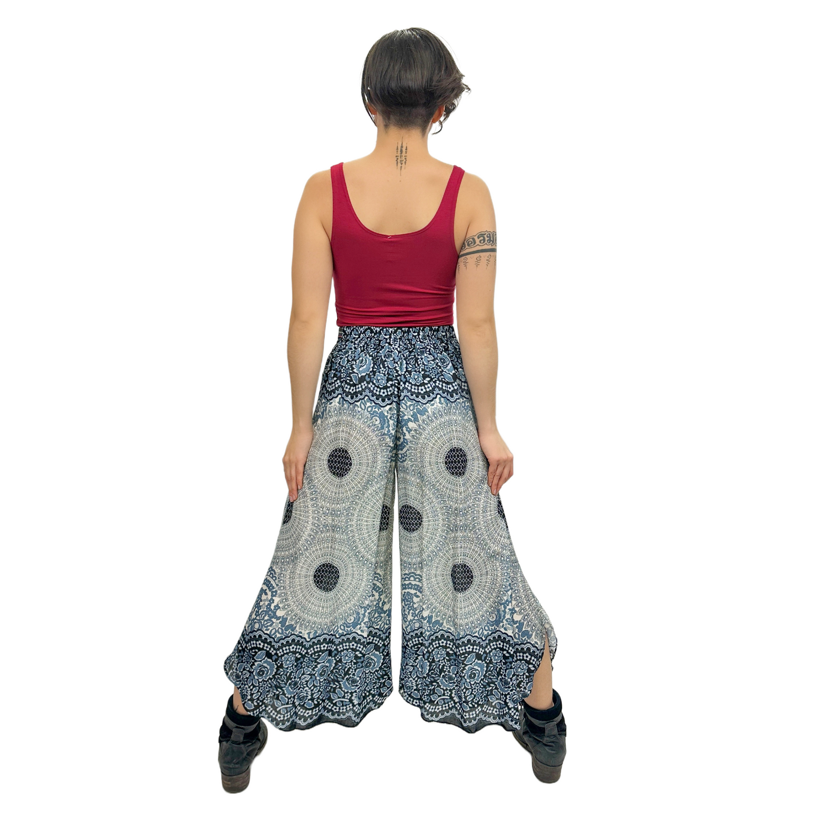 Honeycomb Flower Mandala Embroidered Waistband Rayon Palazzo Pants