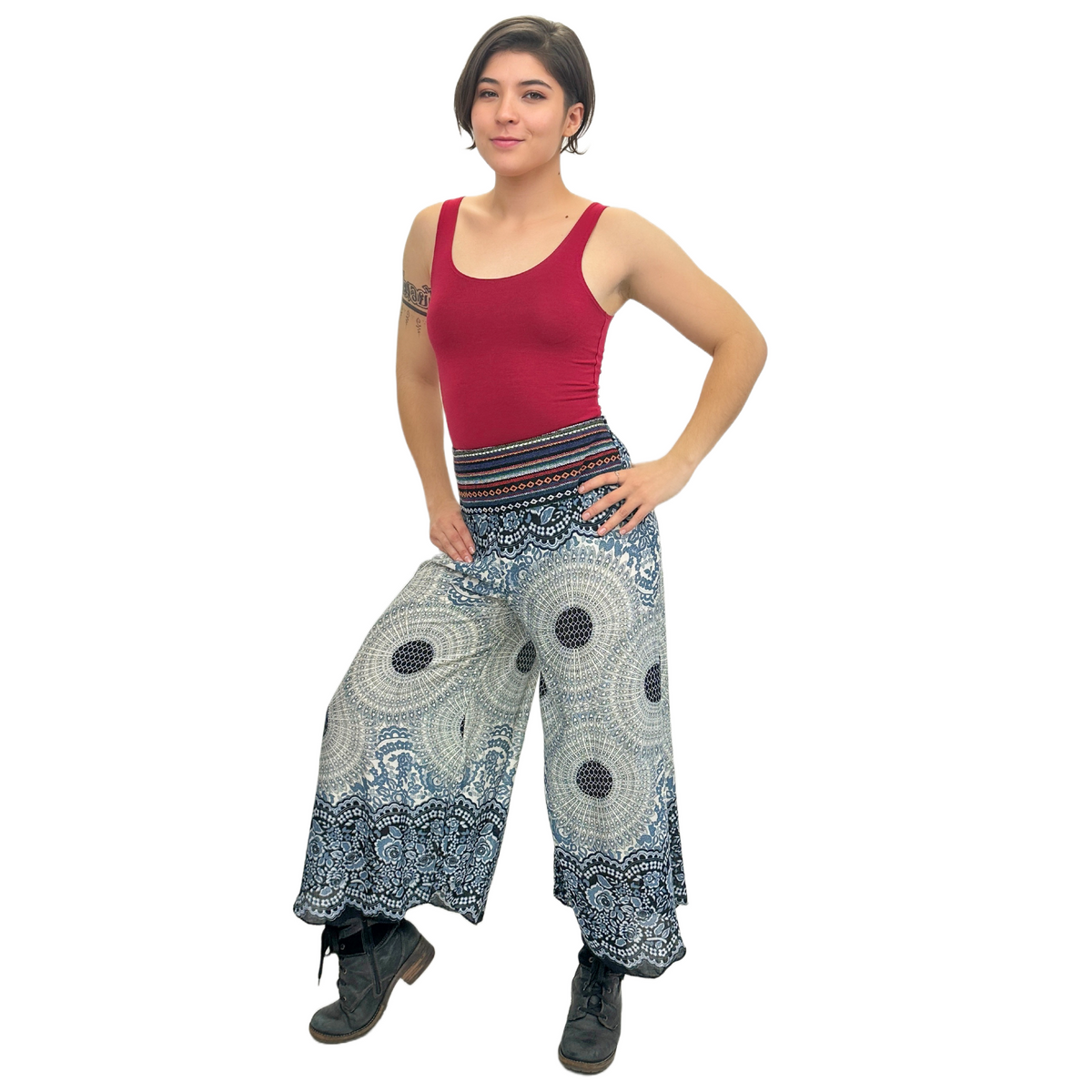 Honeycomb Flower Mandala Embroidered Waistband Rayon Palazzo Pants