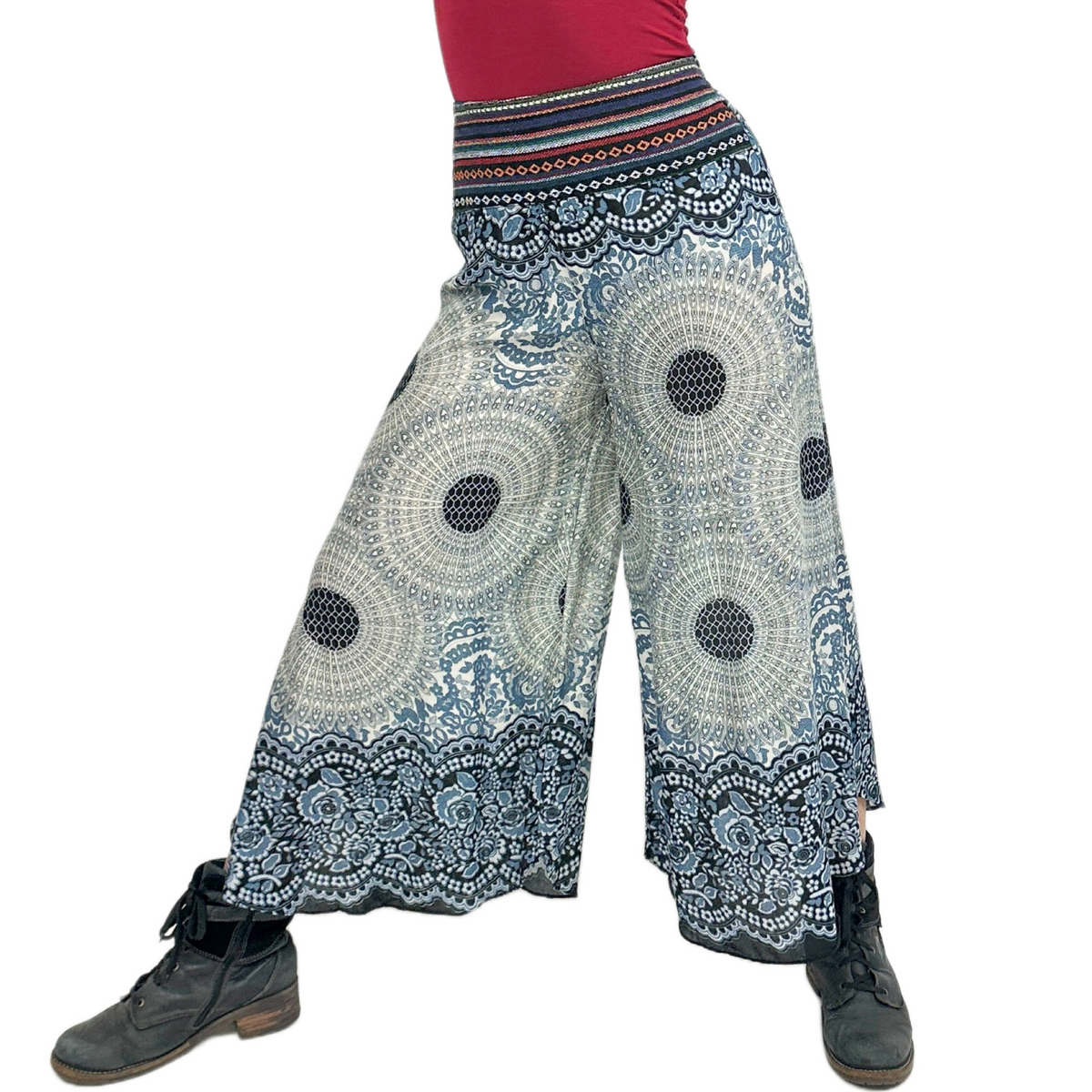 Honeycomb Flower Mandala Embroidered Waistband Rayon Palazzo Pants