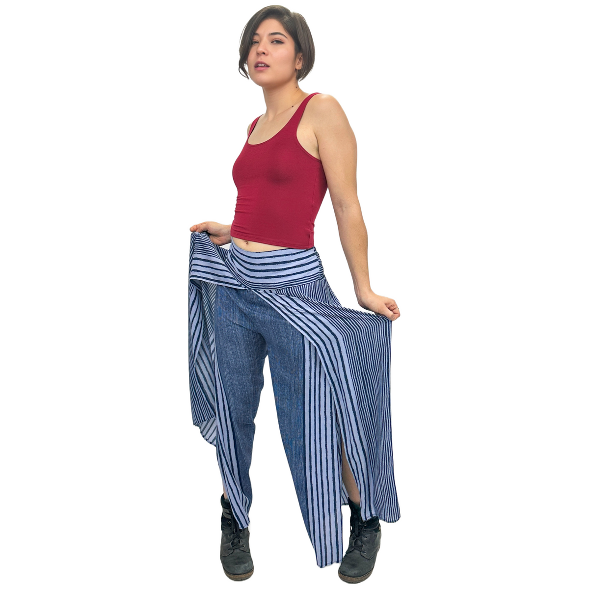 Wide-Leg Wrap Style Striped Pants