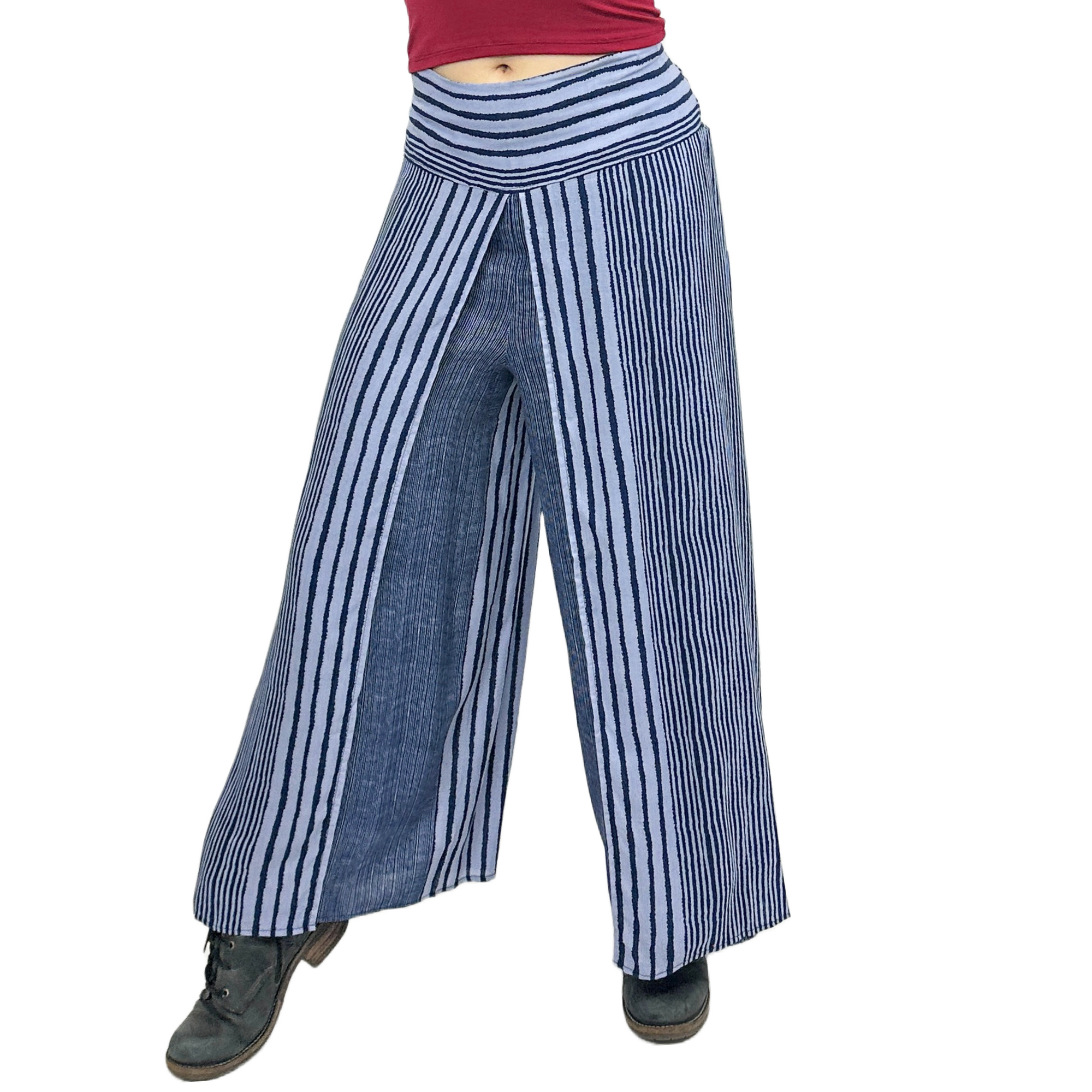 Wide-Leg Wrap Style Striped Pants