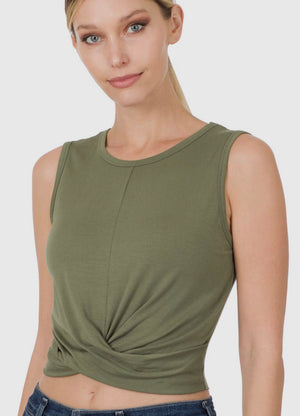 Luxe Rayon Twist Front Sleeveless Crop Top