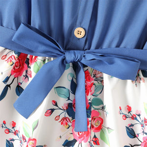 Girls Vintage Floral Belted Ruffle Cap Sleeve Dress