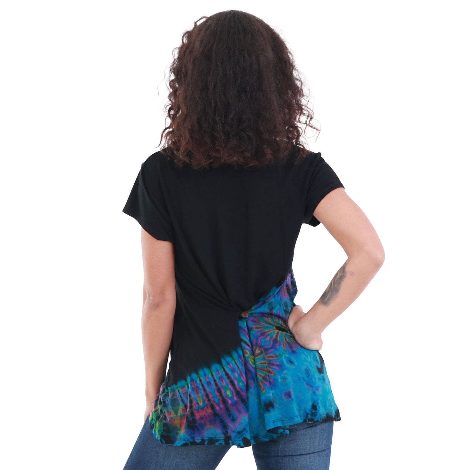 Half Tie-Dye Cap Sleeve Button Back Rayon Top