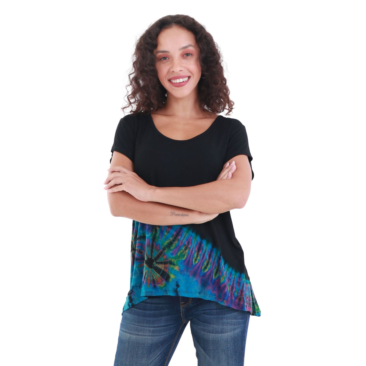 Half Tie-Dye Cap Sleeve Button Back Rayon Top