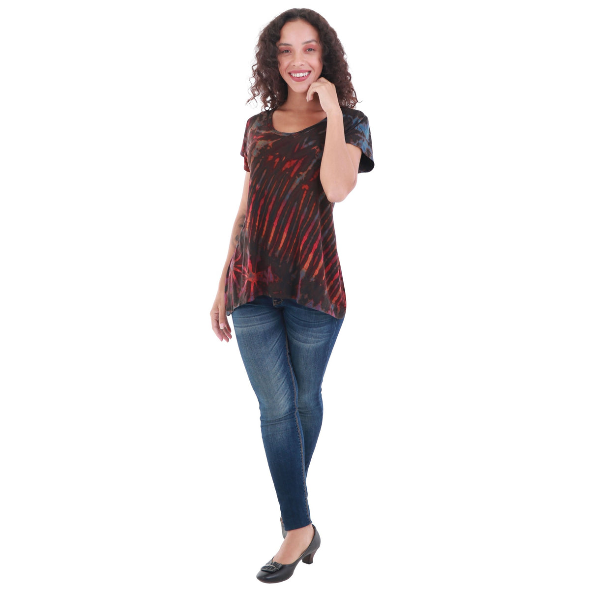 Full Tie-Dye Cap Sleeve Button Back Rayon Top