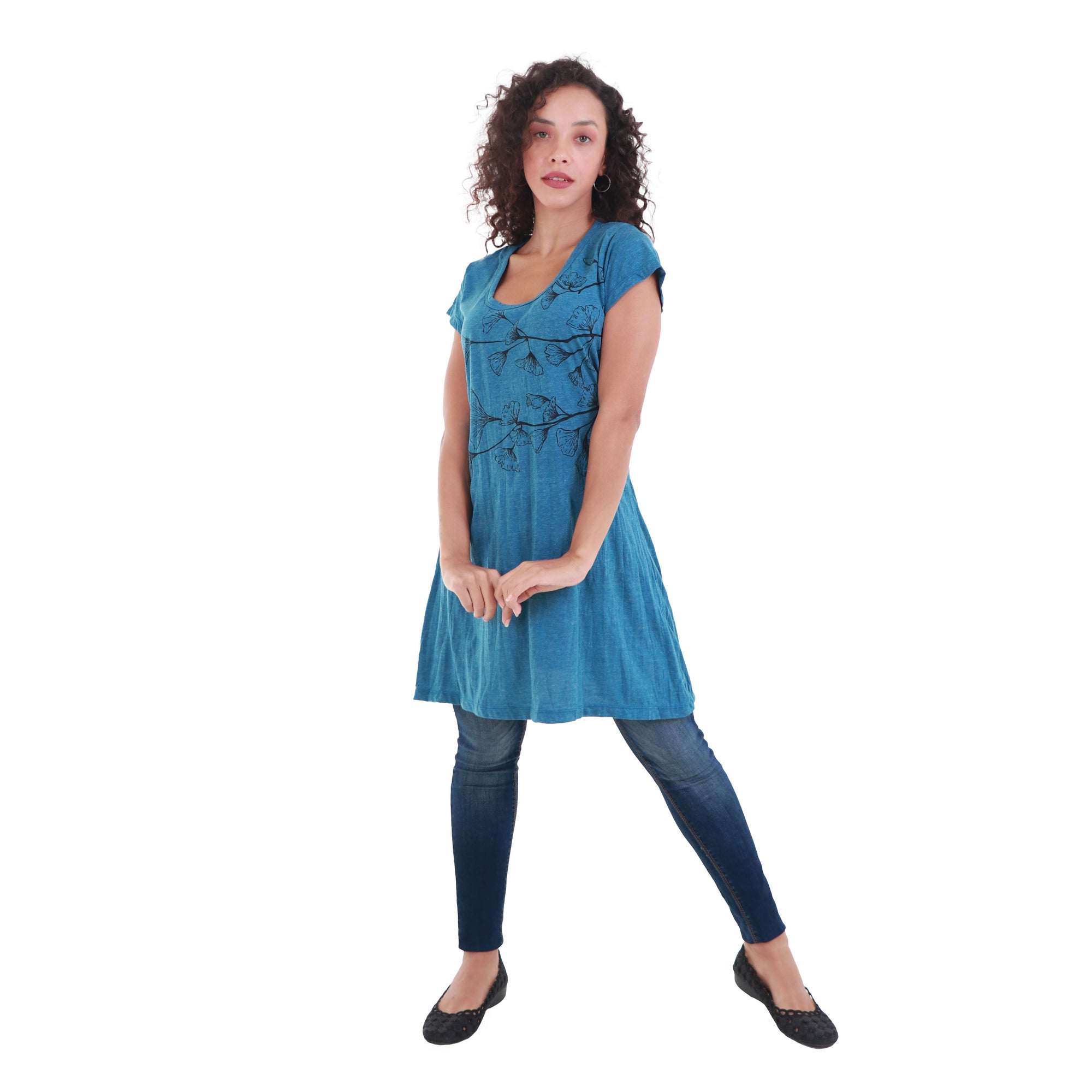 Gorgeous Ginkgo Graphic Design Short Sleeve Tunic Dress