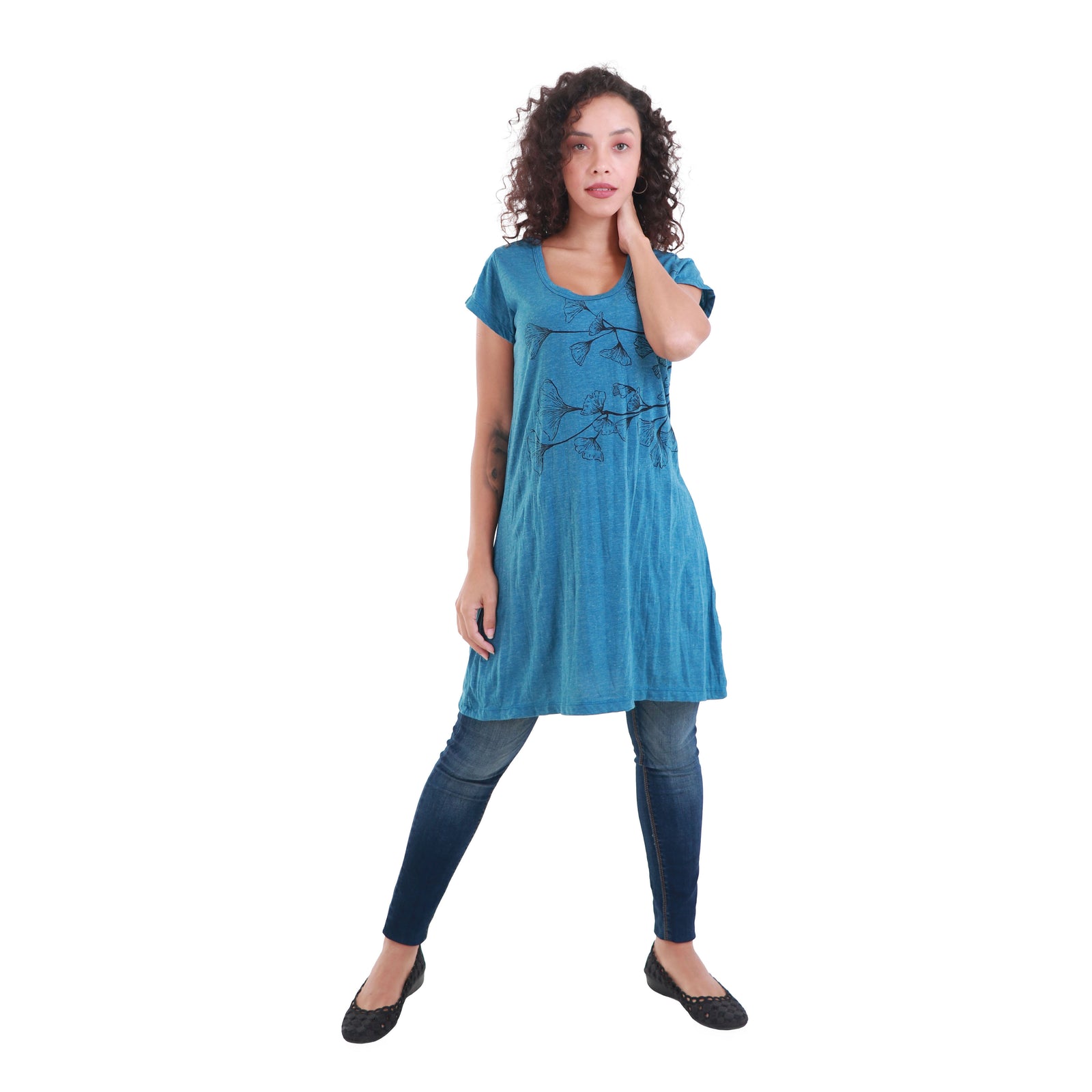 Gorgeous Ginkgo Graphic Design Short Sleeve Tunic Dress