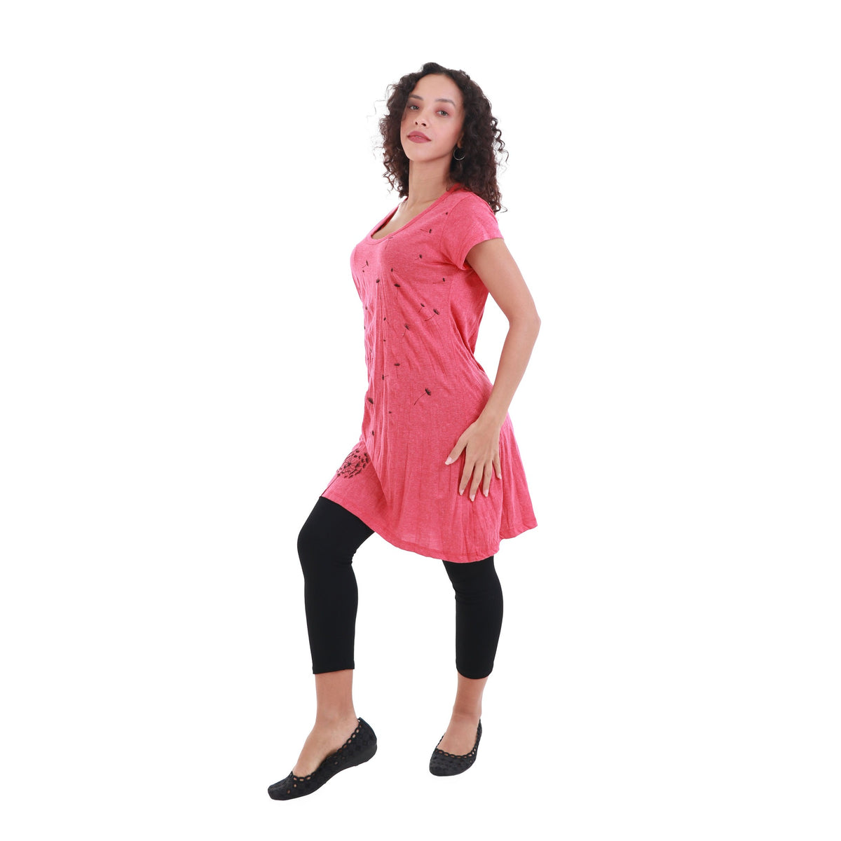 Dandelion Breeze Screen Printed Graphic Design Short Sleeve Tunic Top