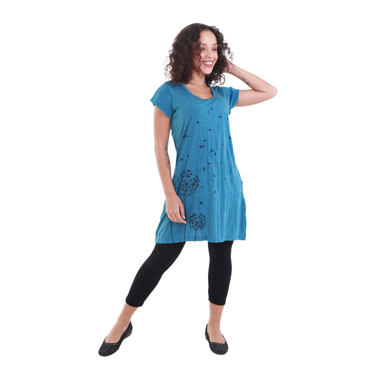 Dandelion Breeze Screen Printed Graphic Design Short Sleeve Tunic Top