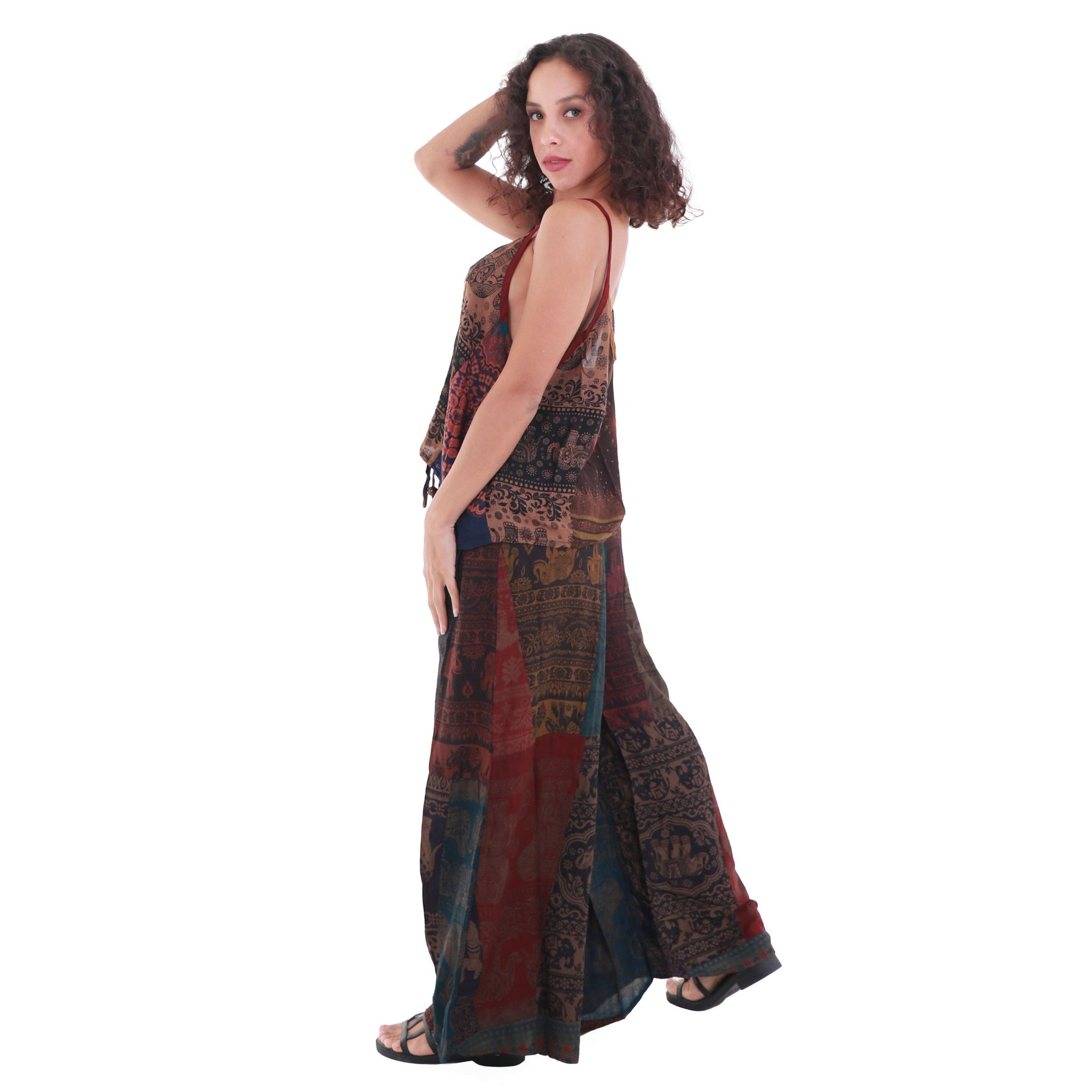 Upcycled Rayon Patchwork Wide-Leg Drawstring Pants