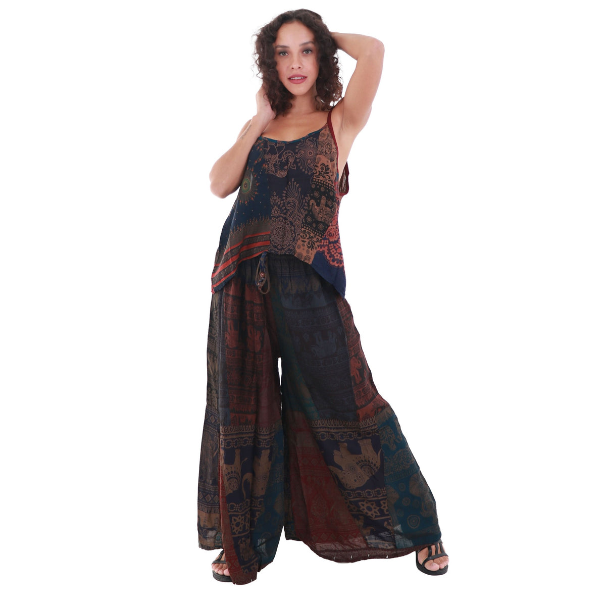 Upcycled Rayon Patchwork Wide-Leg Drawstring Pants