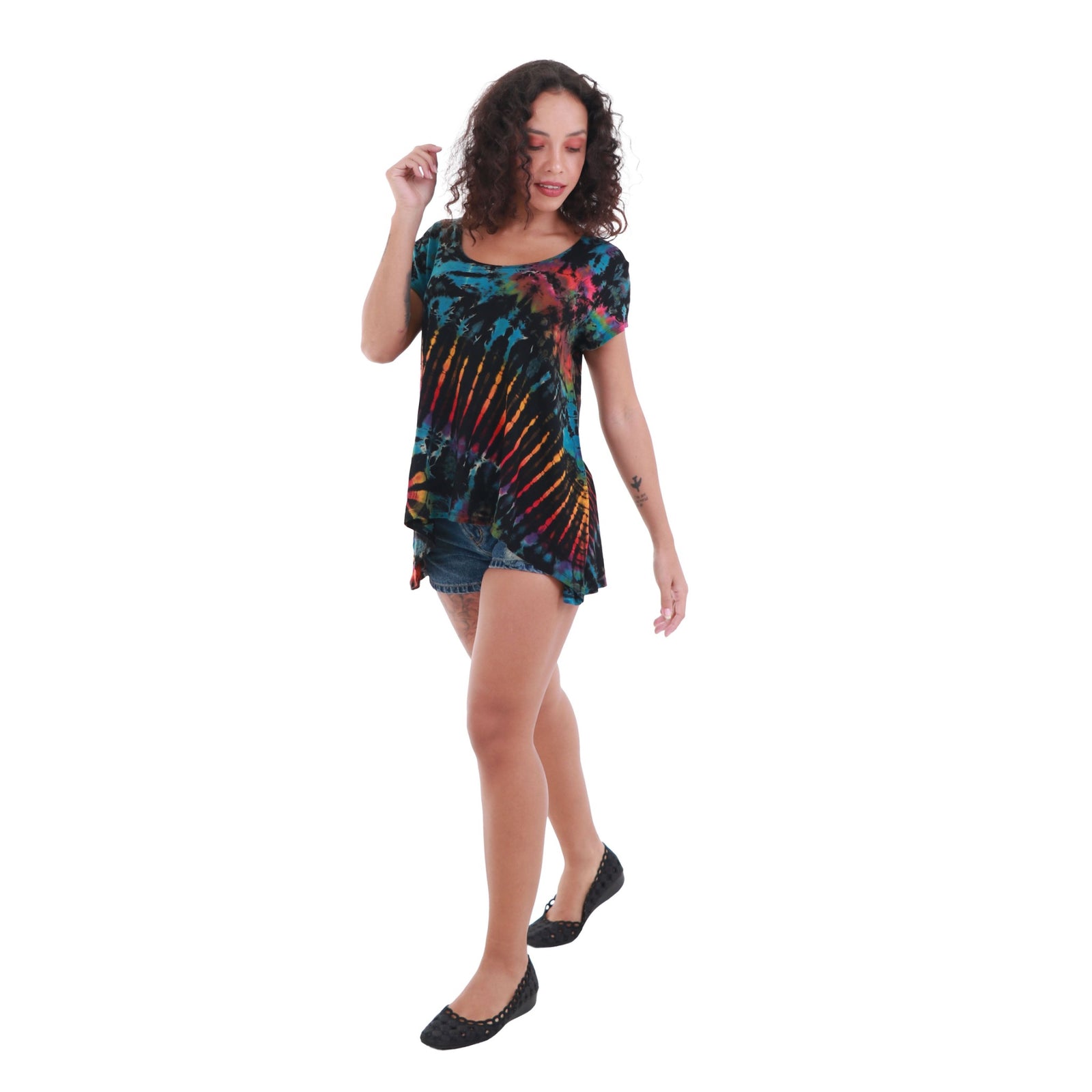 Full Tie-Dye Cap Sleeve Button Back Rayon Top