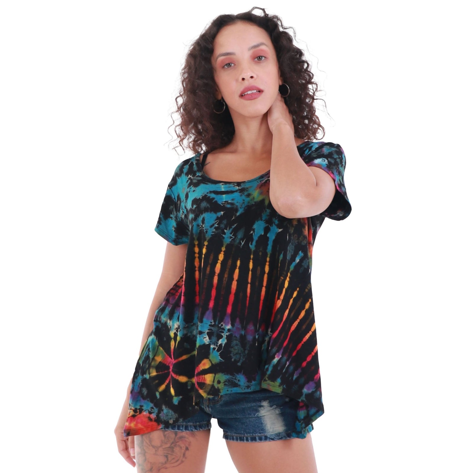 Full Tie-Dye Cap Sleeve Button Back Rayon Top