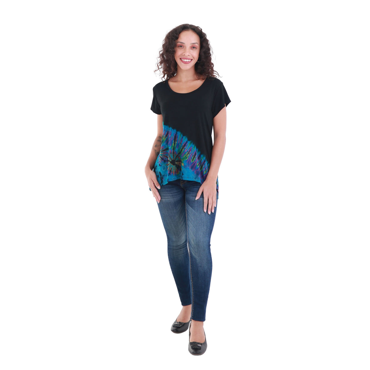 Half Tie-Dye Cap Sleeve Button Back Rayon Top