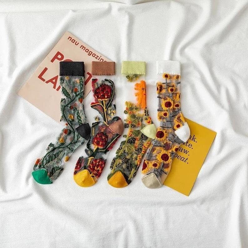 Embroidered Sheer Mesh Socks