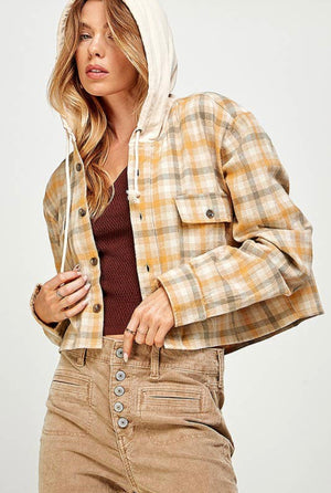 Terry Plaid Cropped Button-Up Hooded Flannel Shirt