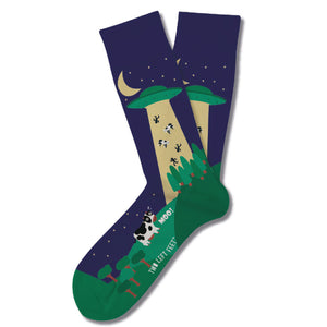 "Moo. F.O." Two Left Feet Socks fun printed cow UFO pattern printed cotton spandex cushioned sock 