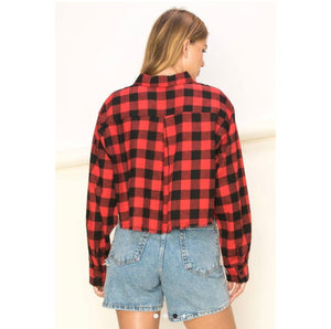 Buffalo Plaid Oversized Flannel Button-Up Crop Top