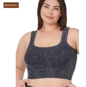 Plus-Size Stonewash Ribbed Square Neck Crop Top