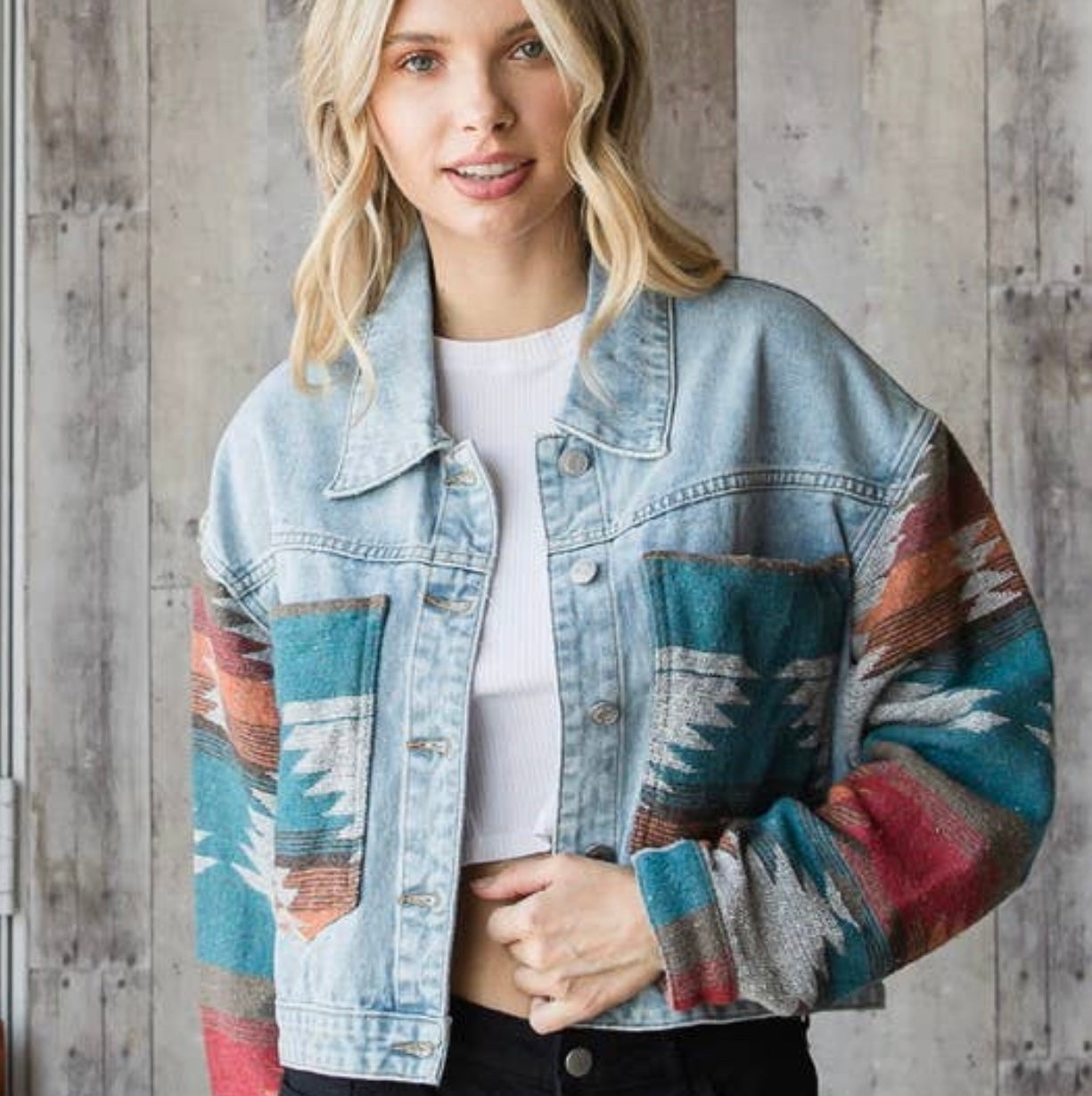 Southwest Aztec Contrast Denim Cropped Jacket