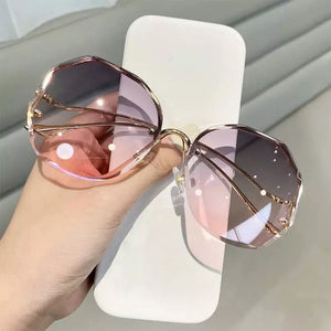 Rimless Texture Cut Lens Oversized Fashion Sunglasses