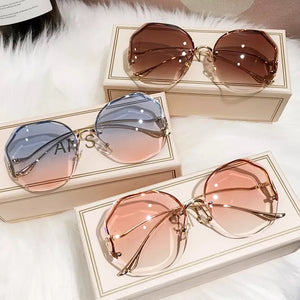 Rimless Texture Cut Lens Oversized Fashion Sunglasses