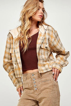 Terry Plaid Cropped Button-Up Hooded Flannel Shirt